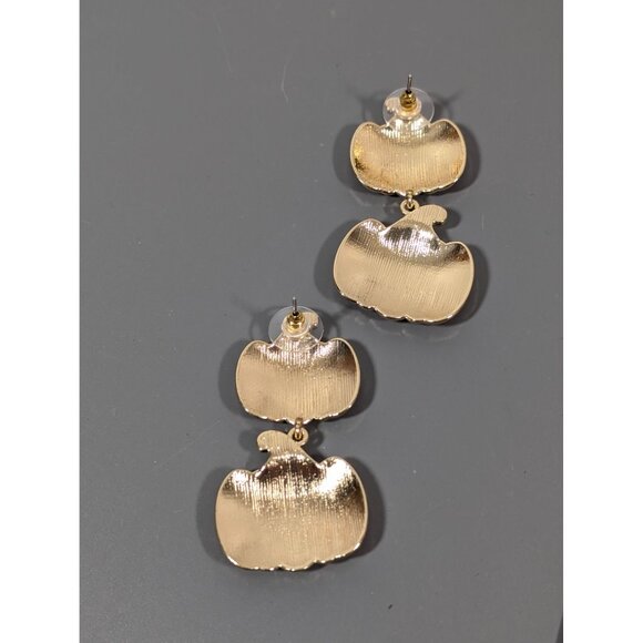 Orange Pumpkin Stacked Dangle Pierced Earrings Halloween Fall Autumn - Picture 5 of 6